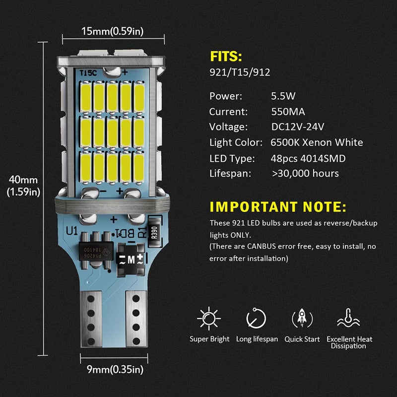 Antline Extremely Bright 921 912 906 T15 W16W LED Bulb White, CANBUS 48-SMD 4014 Chipsets 1300 Lumens LED Replacement for Car Backup Reverse Center High Mount Stop Light Bulbs(Pack of 2) - Image 4